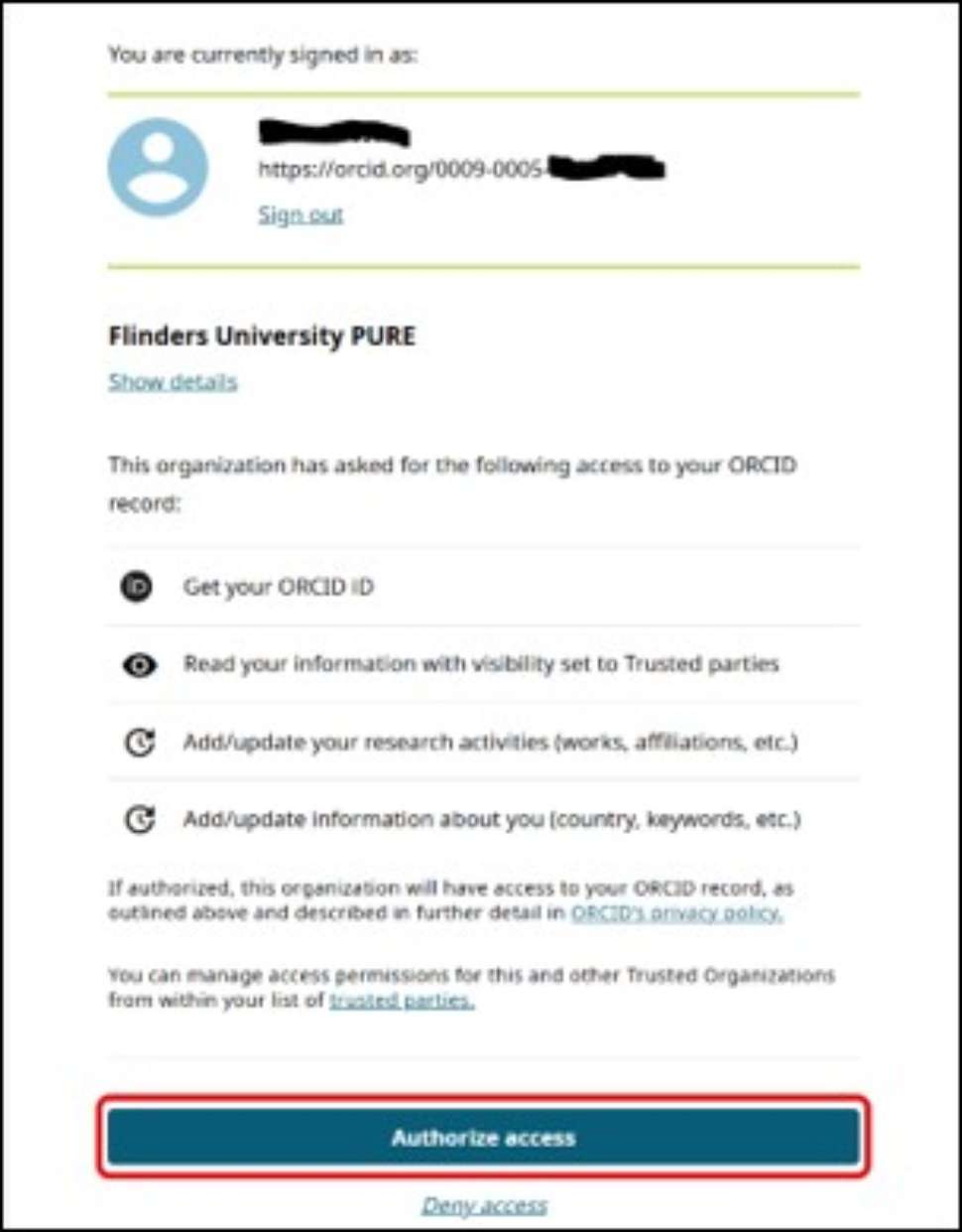 Image of ORCID authorisation required